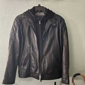 Bod & Christensen Black Leather Moto Jacket W/built In Hoodie Size Lg